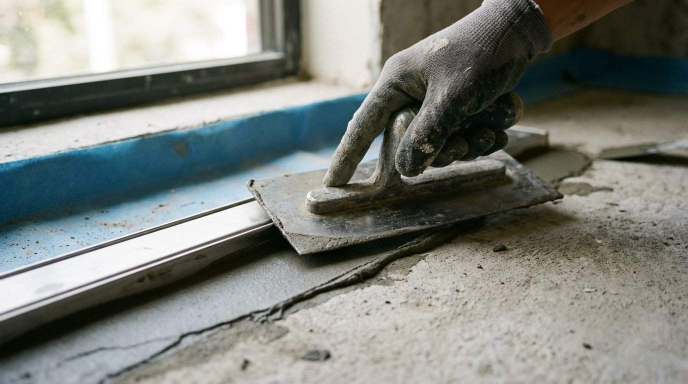 Mikrocement pod prysznicem bez brodzika: hydroizolacja i odpływ liniowy