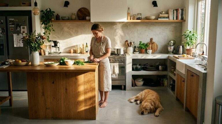 Mikrocement w kuchni na podłodze i nad blatem