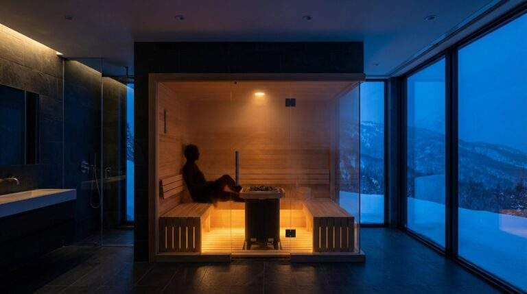 Wide lifestyle shot of a modern glass-encased home sauna situated in a dim