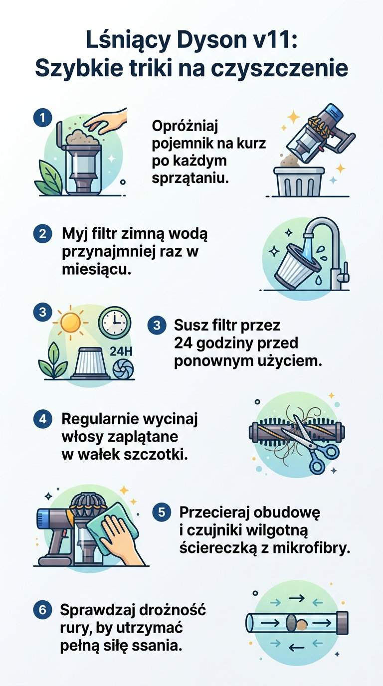Infografika: Jak czyścić odkurzacz Dyson v11? Triki i porady