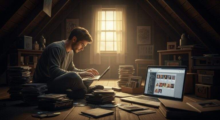 A wide shot inside a dimly lit