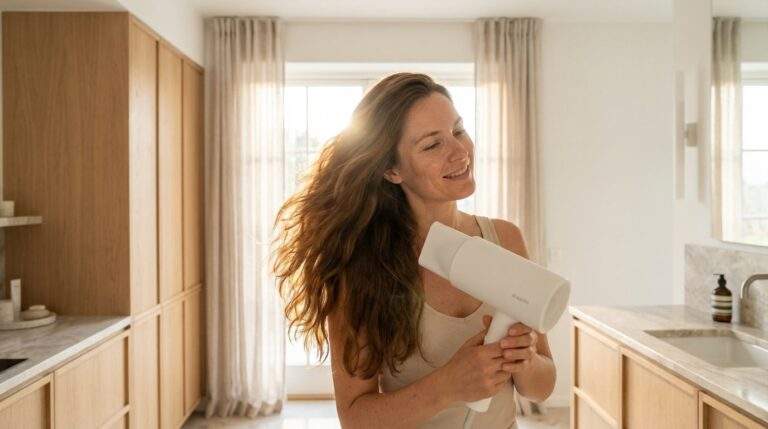 Wide-angle lifestyle shot of a young woman with radiant