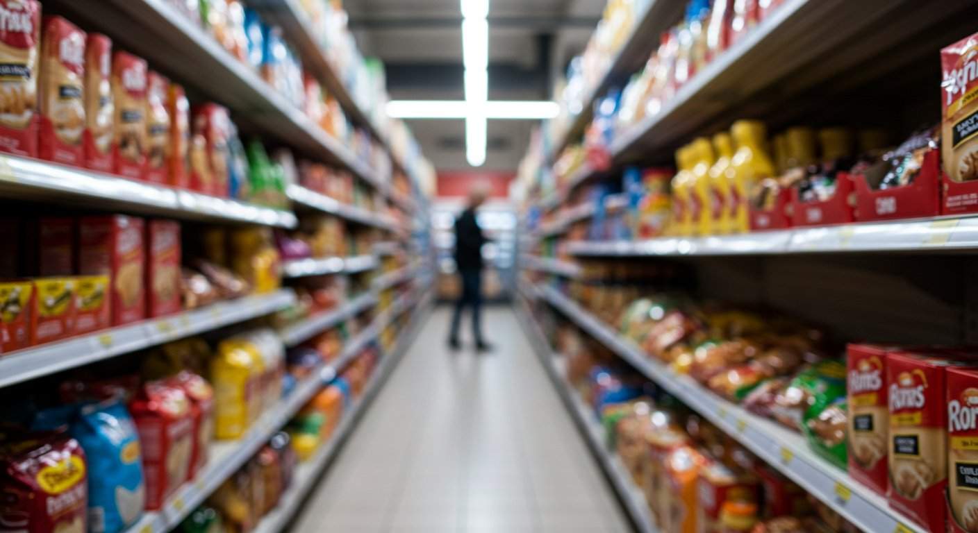 Półki w sklepie spożywczym są wypełnione różnorodnymi produktami w kolorowych opakowaniach ustawionymi w równych rzędach.