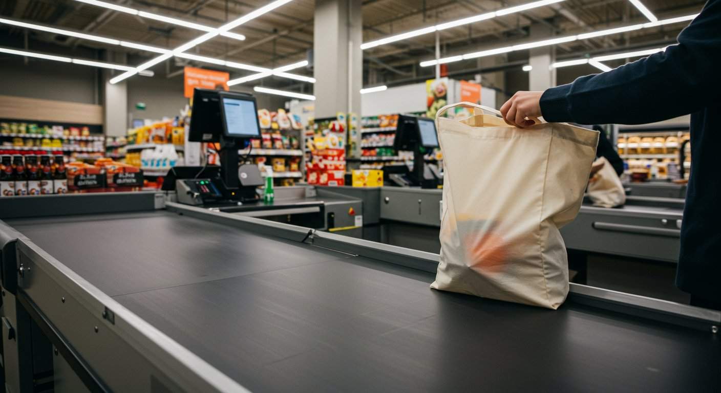 Klient pakuje swoje zakupy do płóciennej torby przy stanowisku kasowym w nowoczesnym sklepie spożywczym.