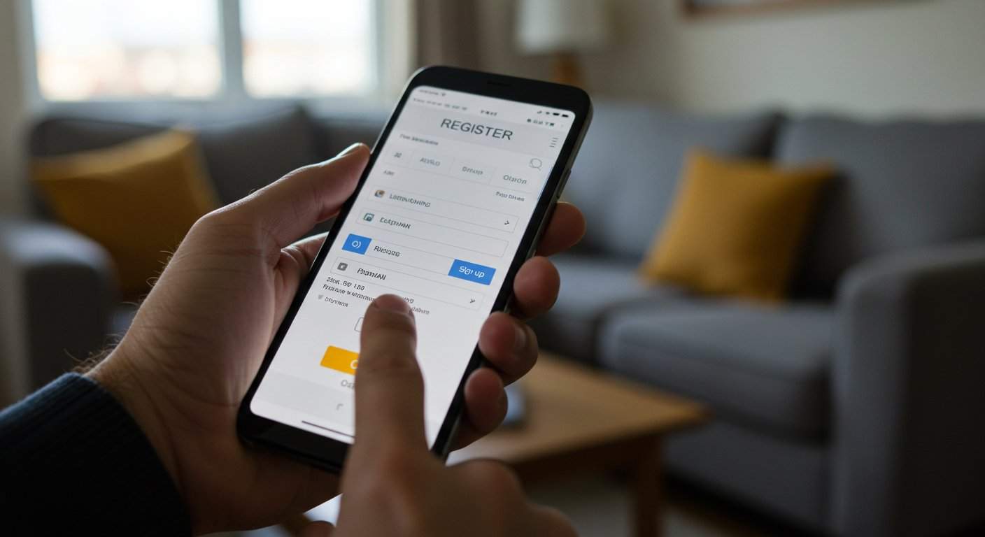 Palec wskazujący przygotowuje się do kliknięcia przycisku rejestracji nowego konta w serwisie pocztowym na wyświetlaczu nowoczesnego smartfona.