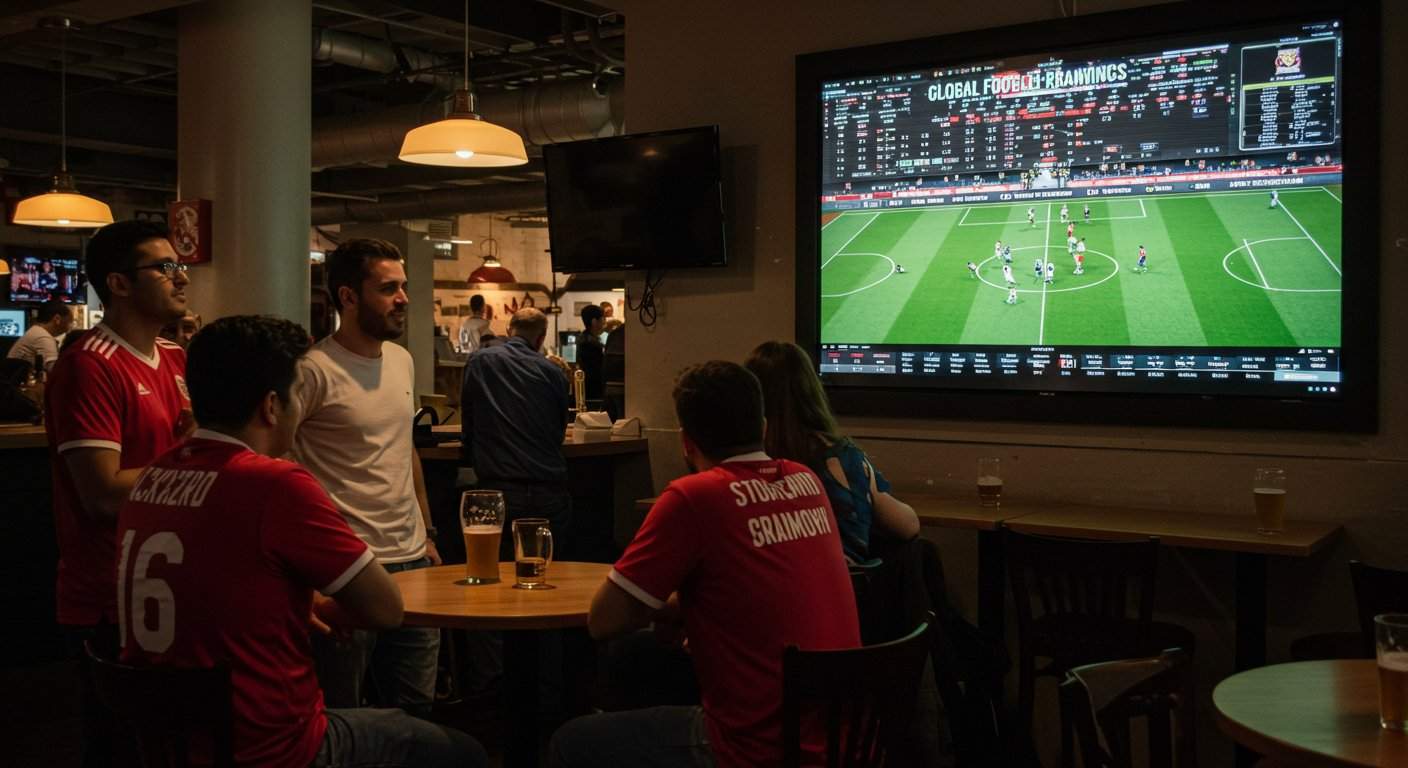 Grupa kibiców wpatruje się w ekran wyświetlający aktualne wyniki meczów w tętniącym życiem barze sportowym.
